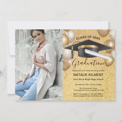 Black and Gold Graduate Cap Graduation Party Photo Invitation