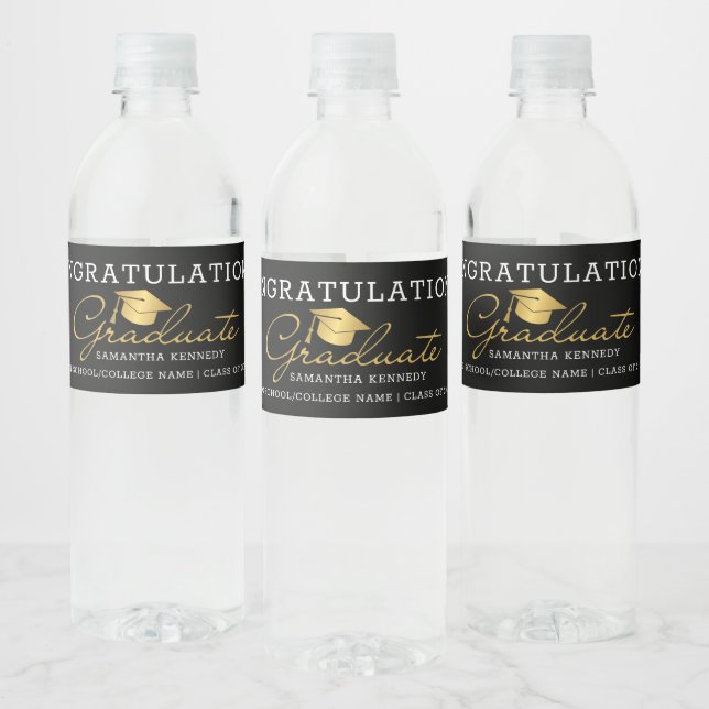 Black And Gold Graduate Graduation 2025 Party  Water Bottle Label (Bottles)