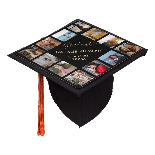 Black and Gold Graduate Photo Collage Name Graduation Cap Topper (Angled)
