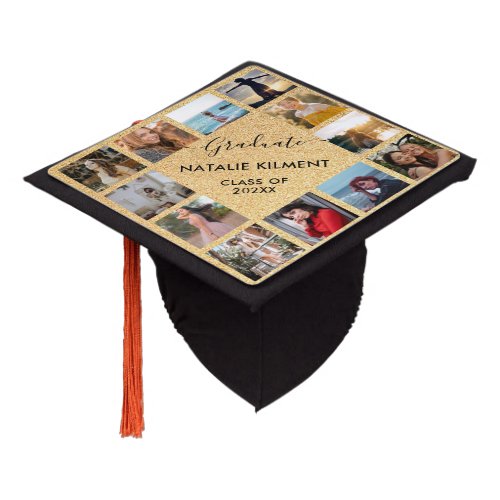 Black and Gold Graduate Photo Collage Name Graduation Cap Topper