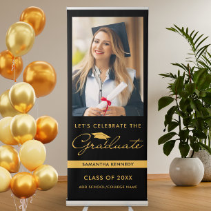 Black And Gold Graduate Photo Graduation Party Retractable Banner