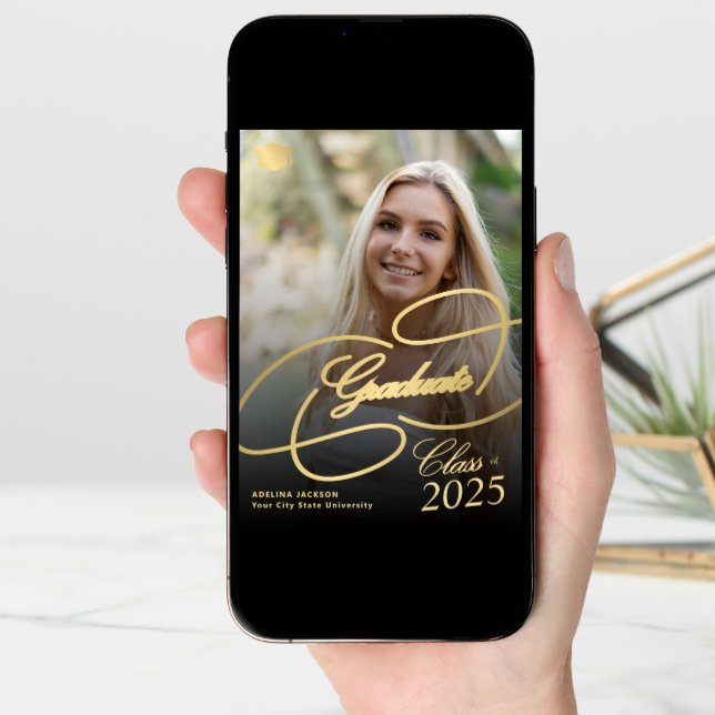 Black and gold graduate script photo graduation announcement (Front Digital)