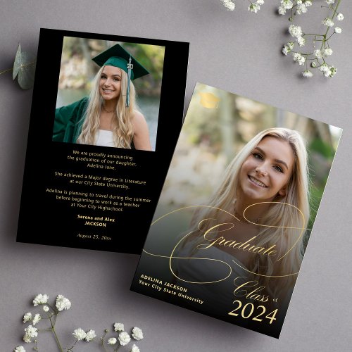 Black and gold graduate script photo graduation announcement