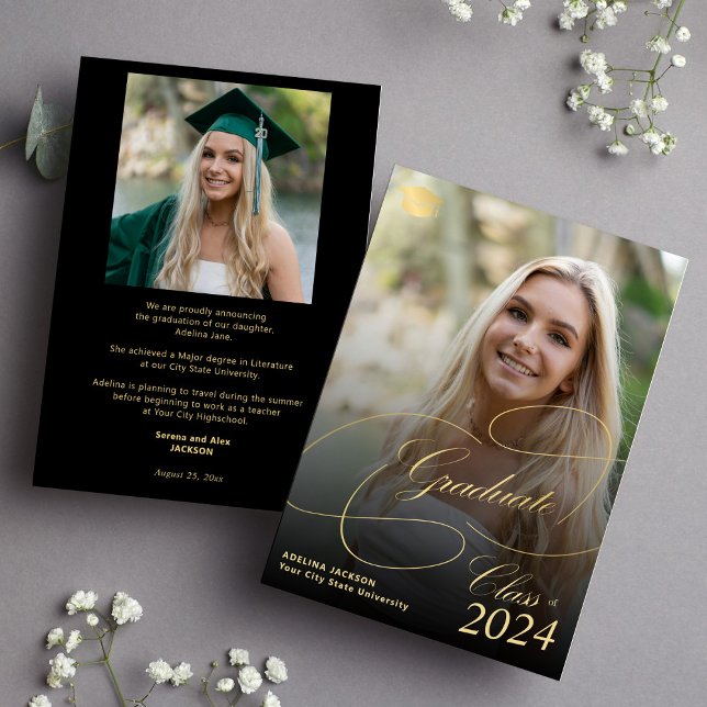 Black and gold graduate script photo graduation announcement (Creator Uploaded)