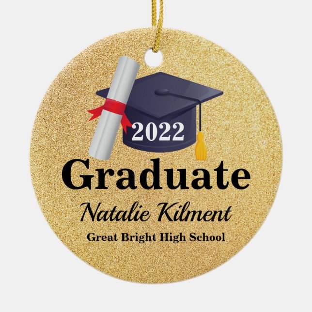 Black and Gold Graduation Cap Class of 2022 Photo Ceramic Ornament (Front)