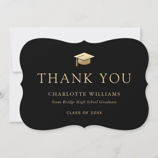 Black and Gold Graduation Cap Modern Thank You Card (Front)