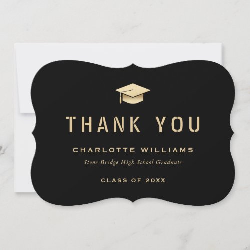 Black and Gold Graduation Cap Modern Thank You Card