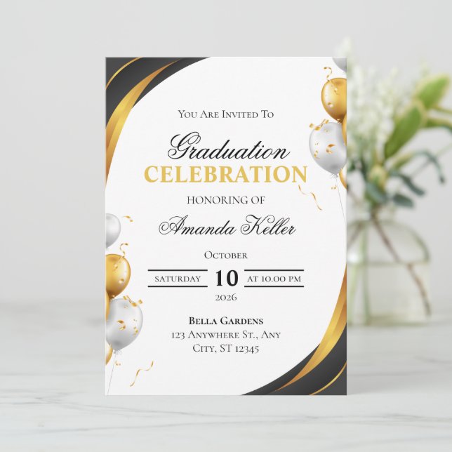 Black and Gold Graduation Celebration Invitation (Standing Front)