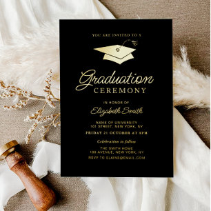 black and gold graduation ceremony foil invitation