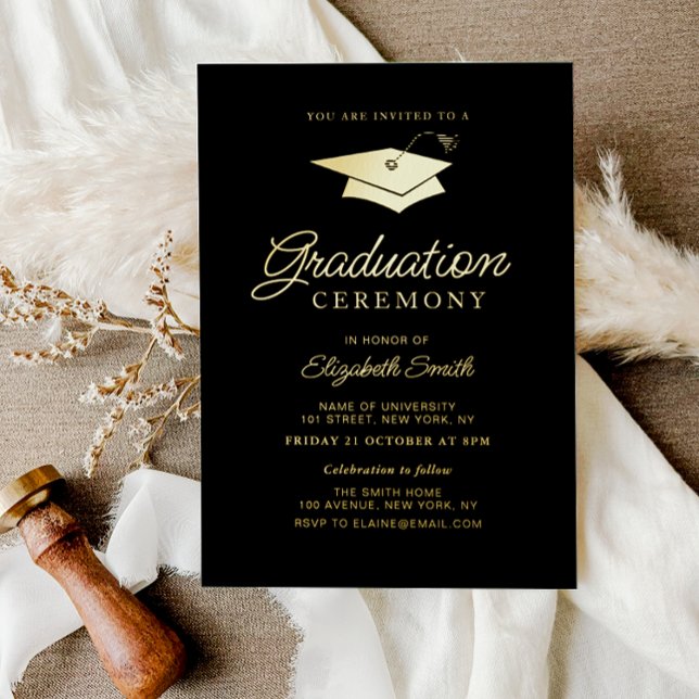 black and gold graduation ceremony foil invitation (Creator Uploaded)