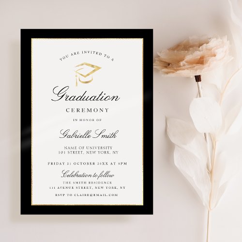 black and gold graduation ceremony invitation