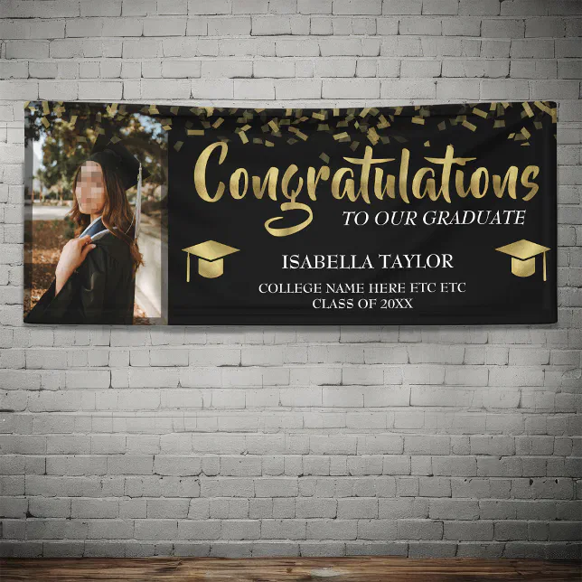 Black And Gold Graduation Congratulations Photo Banner | Zazzle