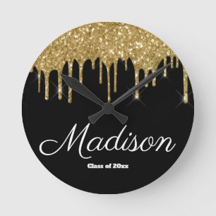 Black and Gold Graduation Gift Class of 2025 Grad Round Clock