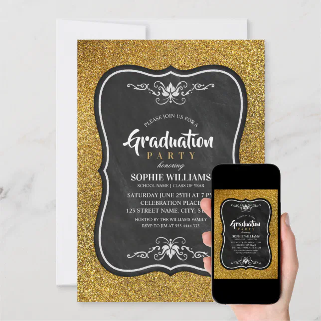 Black And Gold Graduation Invitations Glitter | Zazzle