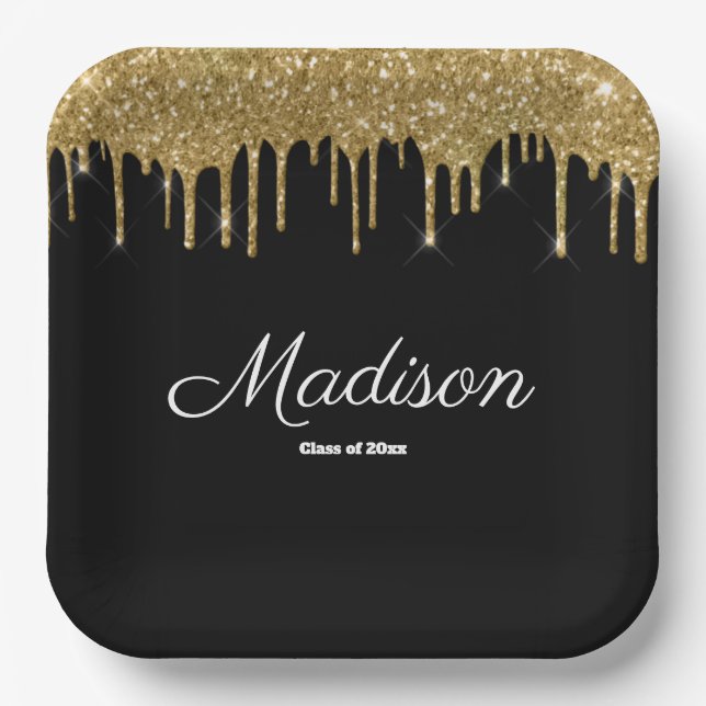 Black and Gold Graduation Party Class of 2025 Paper Plates (Front)
