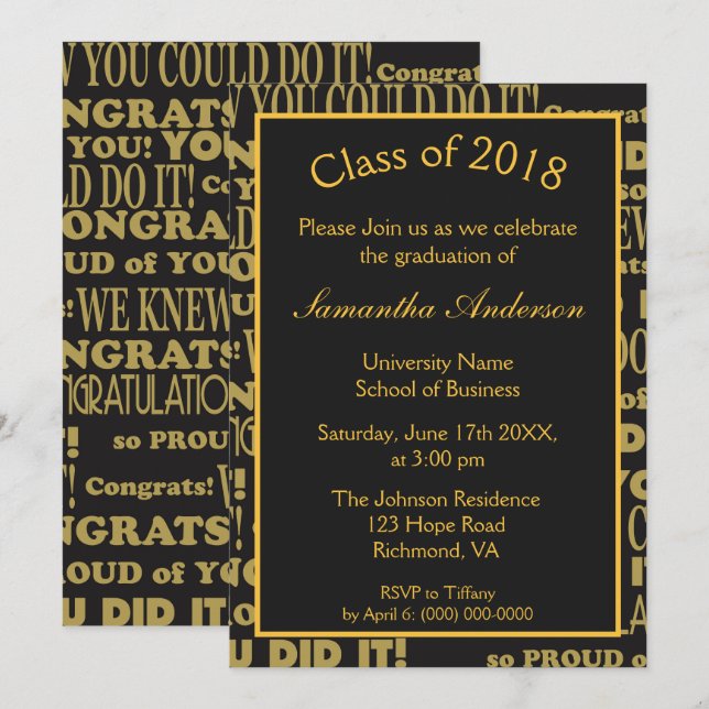 Black and Gold Graduation Party Invitation (Front/Back)
