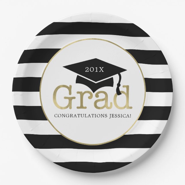 Black and Gold Graduation Party Paper Plates (Front)