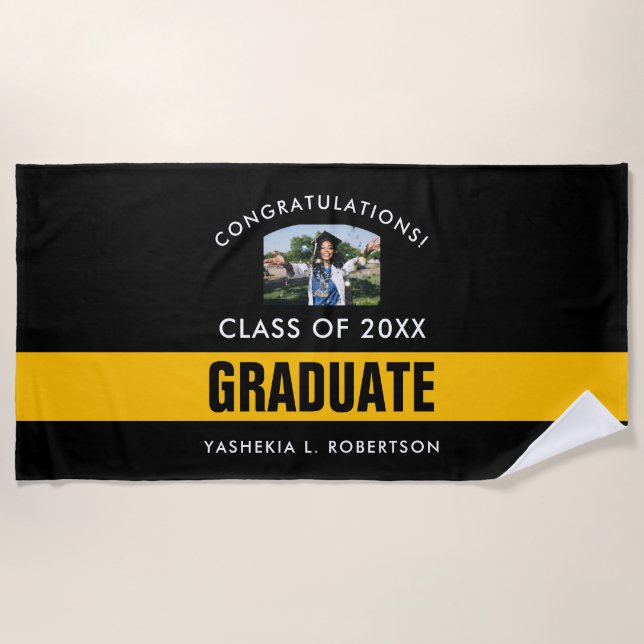 Black and Gold Graduation Personalized Photo Beach Towel (Front)
