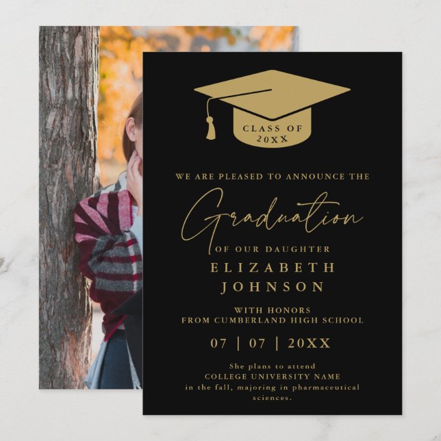 Black And Gold Graduation Photo Announcement (Front/Back)