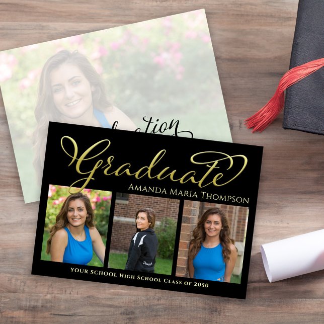 Black and Gold Graduation Photo Collage  Announcement (Black and gold graduation photo collage announcement with modern design style.)