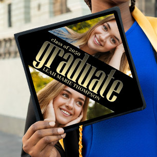 Black and Gold Graduation Photo Collage Cap Topper