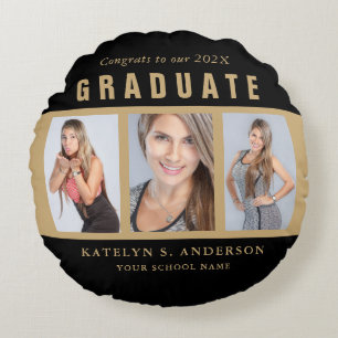 Black and Gold Graduation Photo Collage Custom Round Pillow