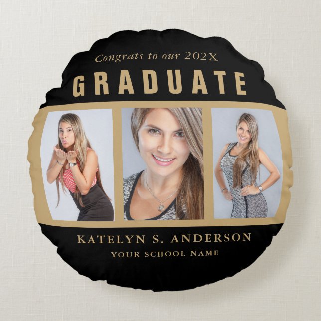 Black and Gold Graduation Photo Collage Custom Round Pillow (Front)