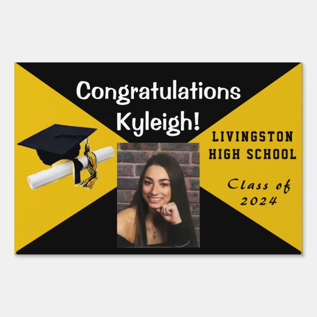 Black and Gold Graduation Photo Lawn Sign (Front)