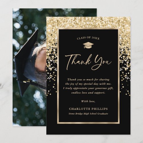 Black and Gold Graduation Photo Thank You Card