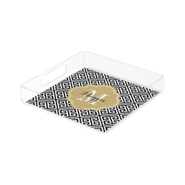 Black and Gold Greek Key Monogram Acrylic Tray (Angled)