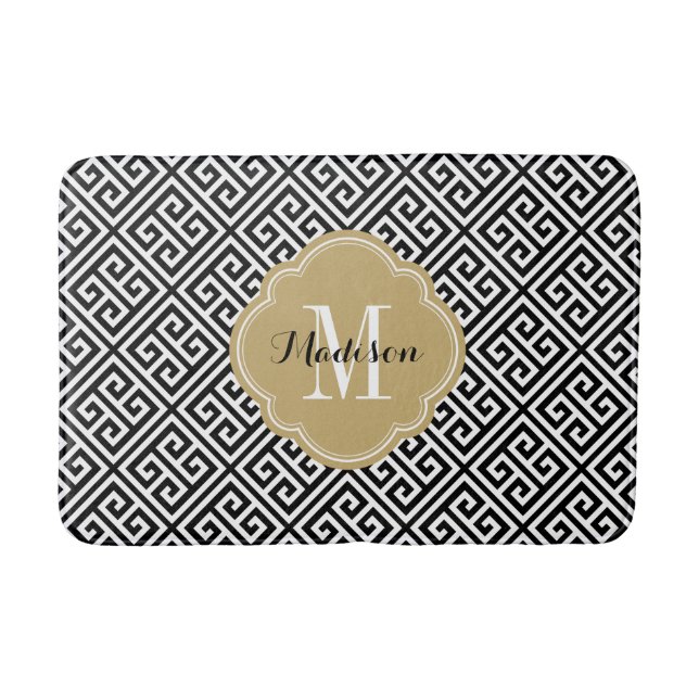 Black and Gold Greek Key Monogram Bathroom Mat (Front)