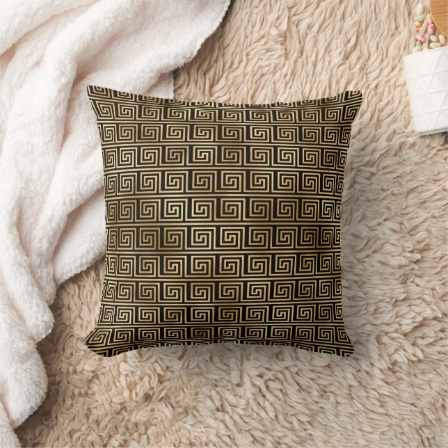 Black and Gold Greek Key Pattern  Throw Pillow (Blanket)