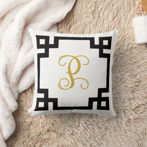 Black and Gold Greek Key Script Monogram Throw Pillow