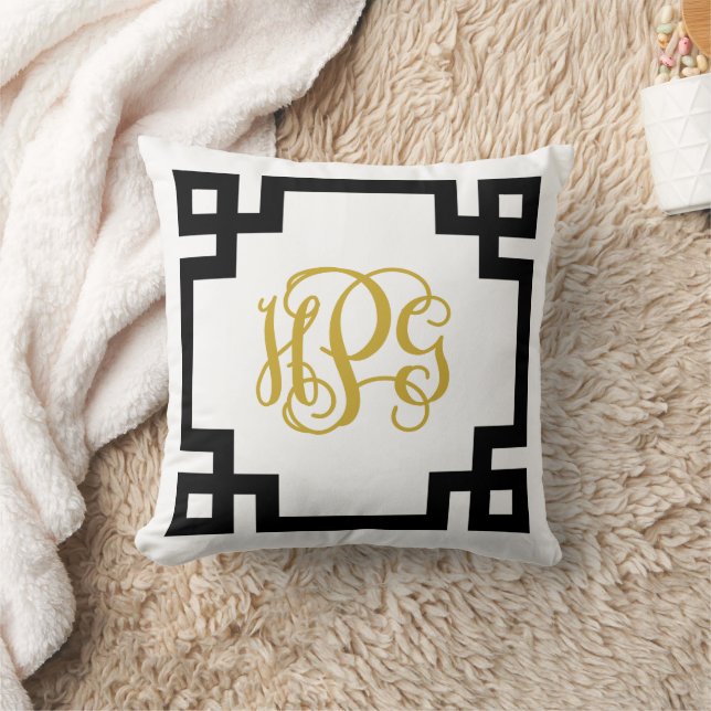 Black and Gold Greek Key Script Monogram Throw Pillow (Blanket)