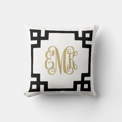 Black and Gold Greek Key Script Monogram Throw Pillow