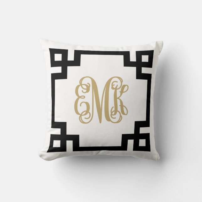 Black and Gold Greek Key Script Monogram Throw Pillow (Front)