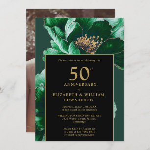 Black And Gold Green Floral 50th Anniversary Invitation