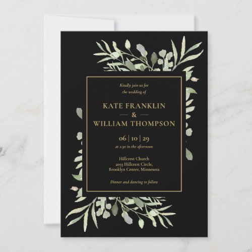 Black And Gold Greenery All In One QR Code Wedding Invitation