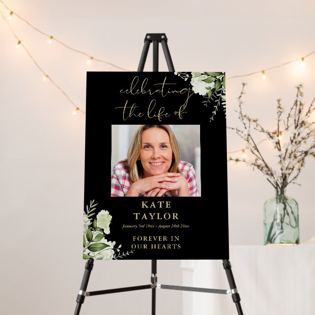 Black And Gold Greenery Celebration Of Life Photo Foam Board (In Situ (Stand))