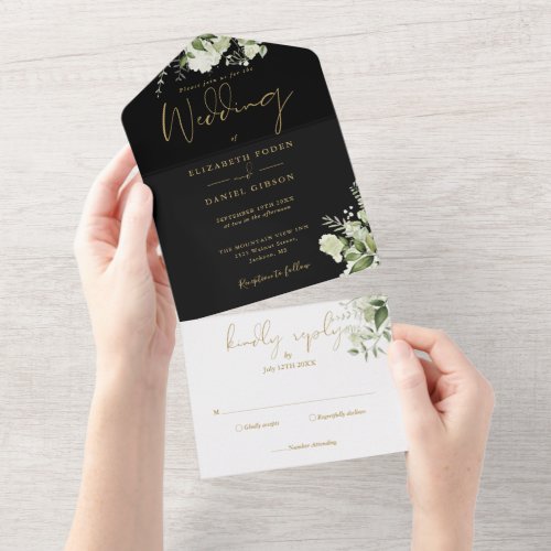 Black And Gold Greenery Floral Monogram Wedding All In One Invitation
