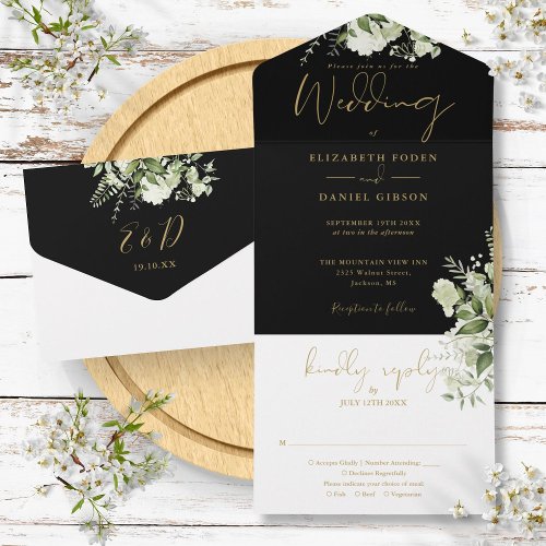 Black And Gold Greenery Floral Monogram Wedding All In One Invitation