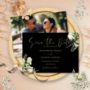 Black And Gold Greenery Floral Photo Wedding Save The Date
