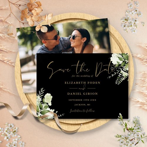 Black And Gold Greenery Floral Photo Wedding Save The Date