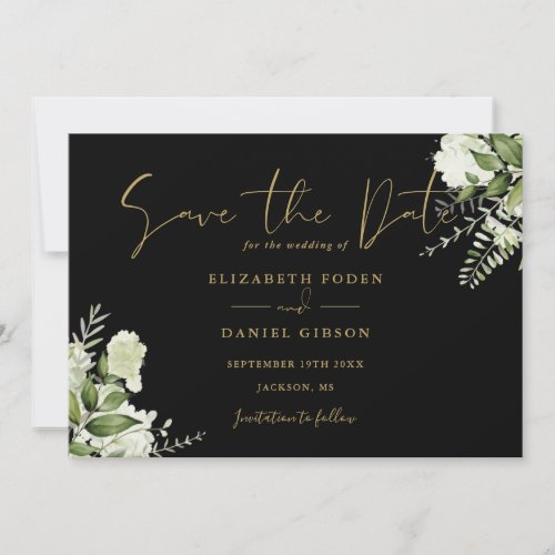 Black And Gold Greenery Floral Photo Wedding Save The Date