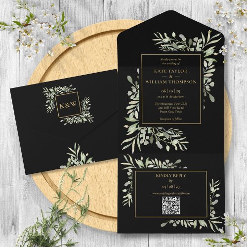 Black And Gold Greenery Floral QR Code Wedding All In One Invitation