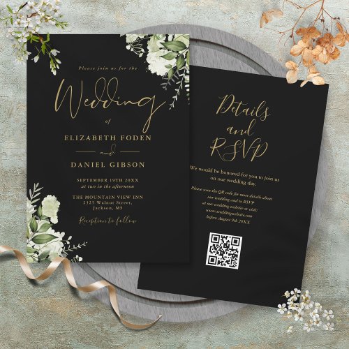 Black And Gold Greenery Floral QR Code Wedding Invitation
