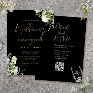 Black And Gold Greenery Floral QR Code Wedding Invitation