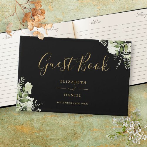Black And Gold Greenery Floral Wedding Guest Book