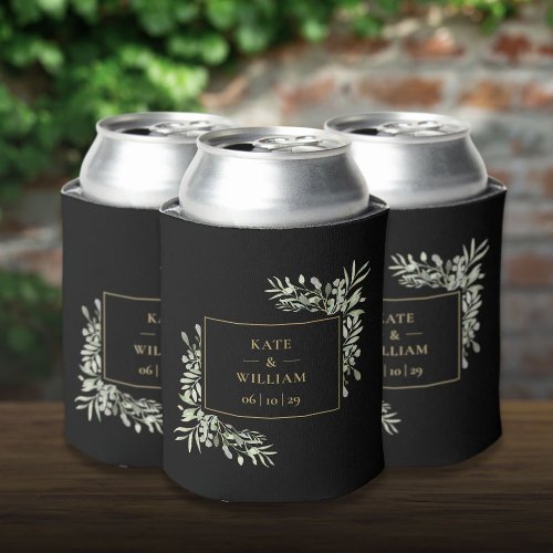 Black And Gold Greenery Foliage Wedding Can Cooler