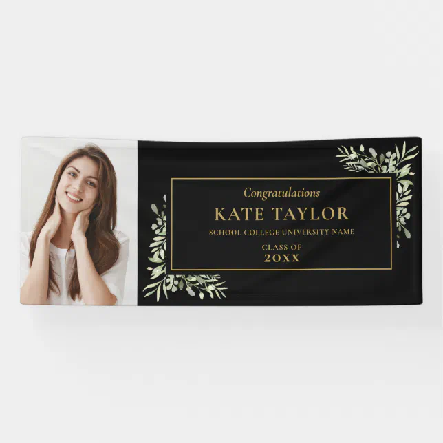 Black And Gold Greenery Graduation Photo Congrats Banner | Zazzle